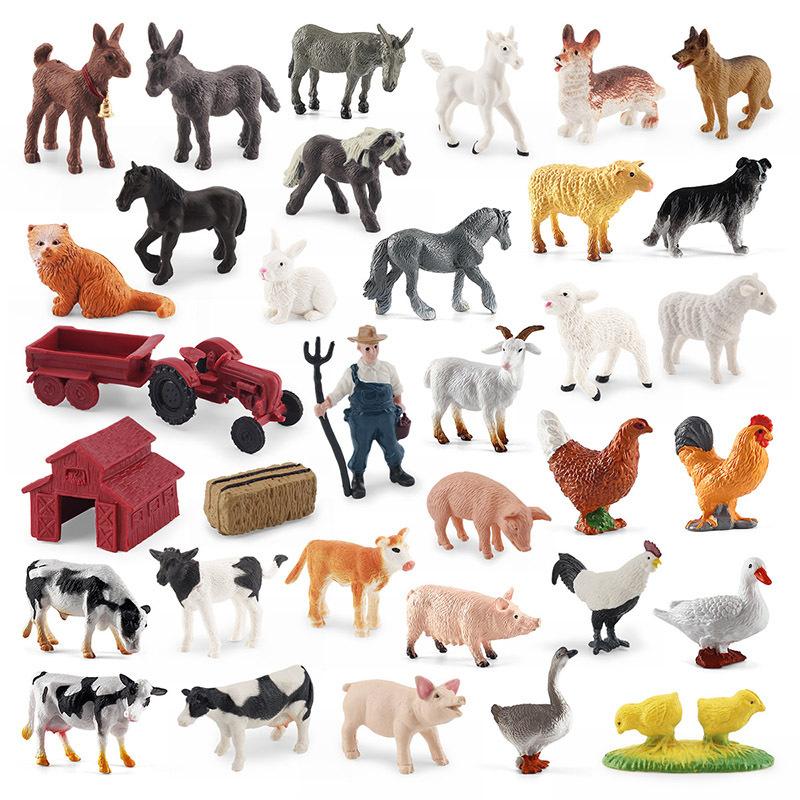 34-Piece Mini Farm Poultry Animal Set, Static Ornament Of Chicken, Duck, Goose, Pig, Dog, Cat, Sheep, Horse And Donkey Model
