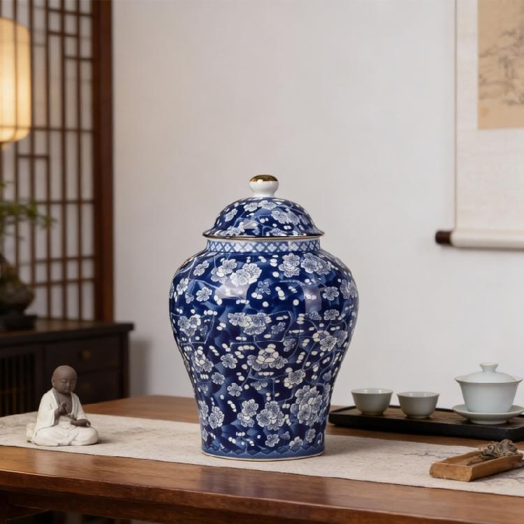 Premium Glazed Ceramic Tea Jar Featuring Dateless Blue Print Doubles As Fascinating Countertop Display Piece