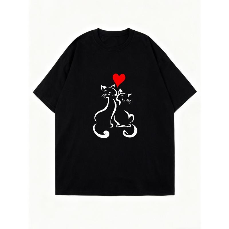 Übergroßes T-Shirt-Kleid Schwarze Katze und Herz-Print Freizeitkleidung für Damen