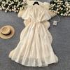 French fashion stand-up collar, lantern sleeves, straps, waist dress, women's thin temperament, shiny ruffle edge long skirt