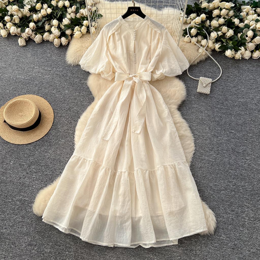 French fashion stand-up collar, lantern sleeves, straps, waist dress, women's thin temperament, shiny ruffle edge long skirt