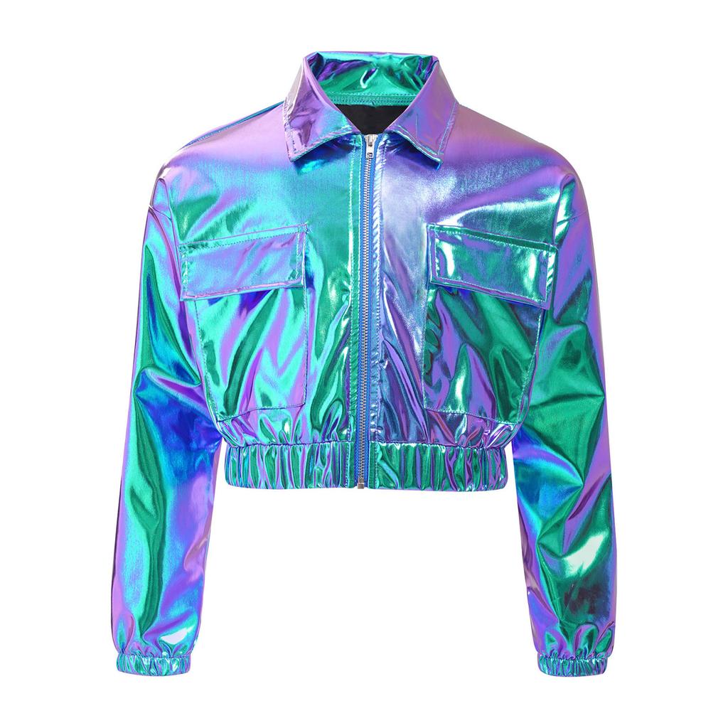 Unisex Kids Metallic Shiny Jacket Turn Down Collar Long Sleeves Flap Pockets Dance Coat