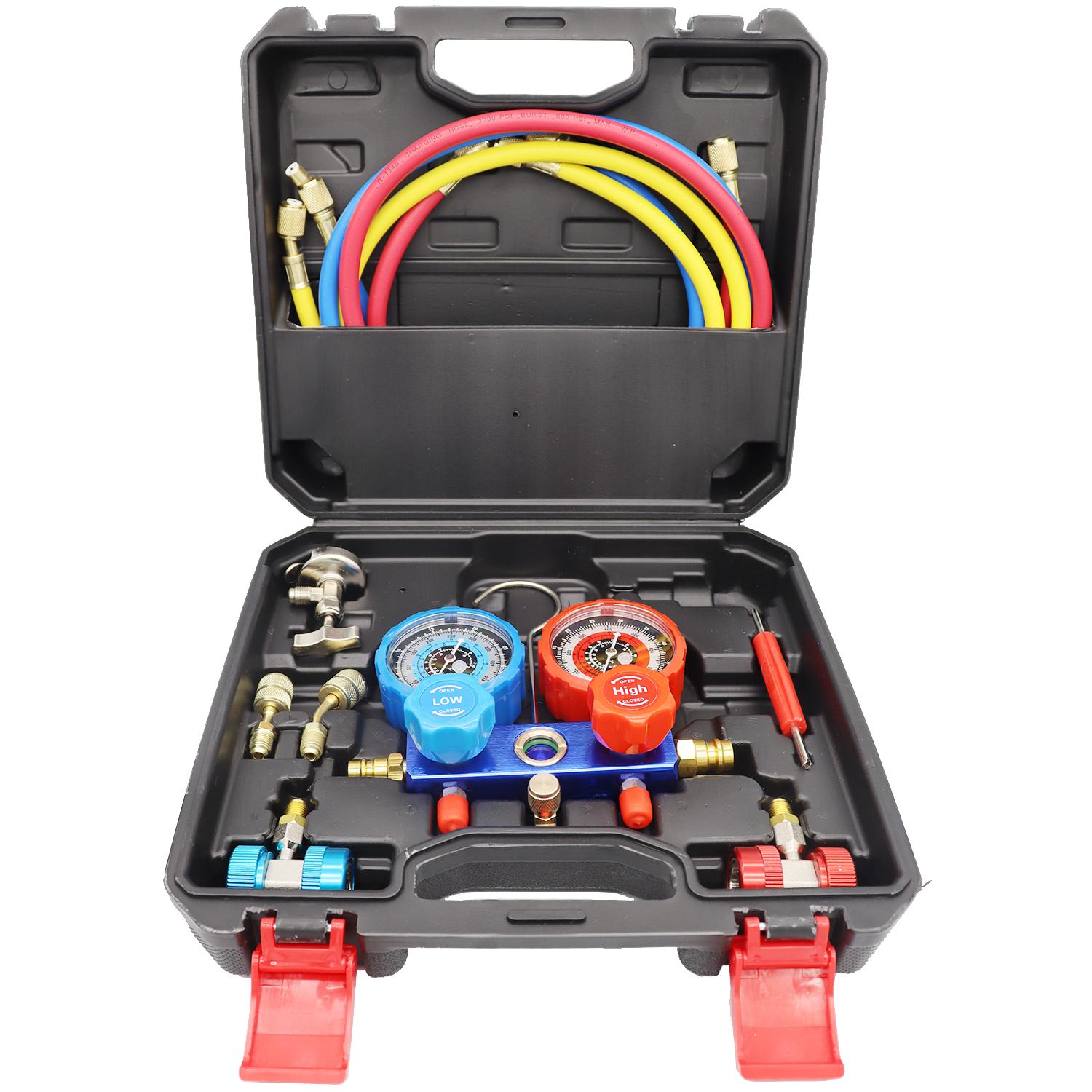 

3-ходовой манометр для кондиционера, комплект манометров для коллектора кондиционера для хладагентов R134A R22 R410a, фреона, манометры со шлангами, муфты, пробойник для баллона, работает на автомобиле