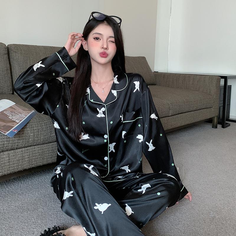 Pijamale Satin pentru femei Pijamale cu mâneci lungi Costum de pijama Cu imprimeu cu flori Mătase de gheață de calitate superioară Poate fi purtată în afara casei Pijamale