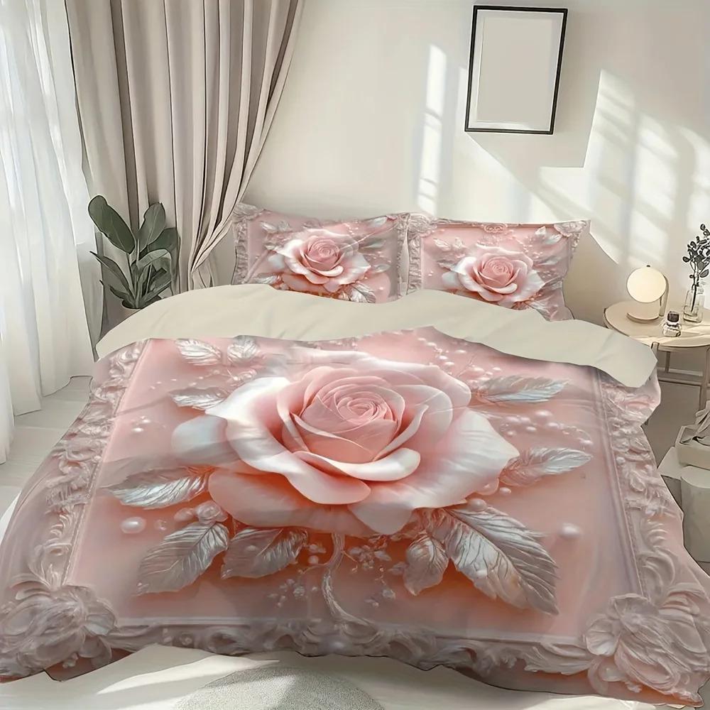 3Pcs Pink Bedding Set Girl Wind Flower 3D Print Cozy Duvet Cover King Queen Twin Size Birthday Gift For Adult Bedroom Decoration