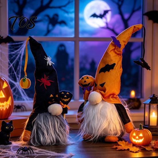 Halloween Plush Gnome Decorations Light Up Decoration, Spooky Orange Black Swedish Tomte Elf Figurine, Decorative Dolls for Fall Cute Glowing
