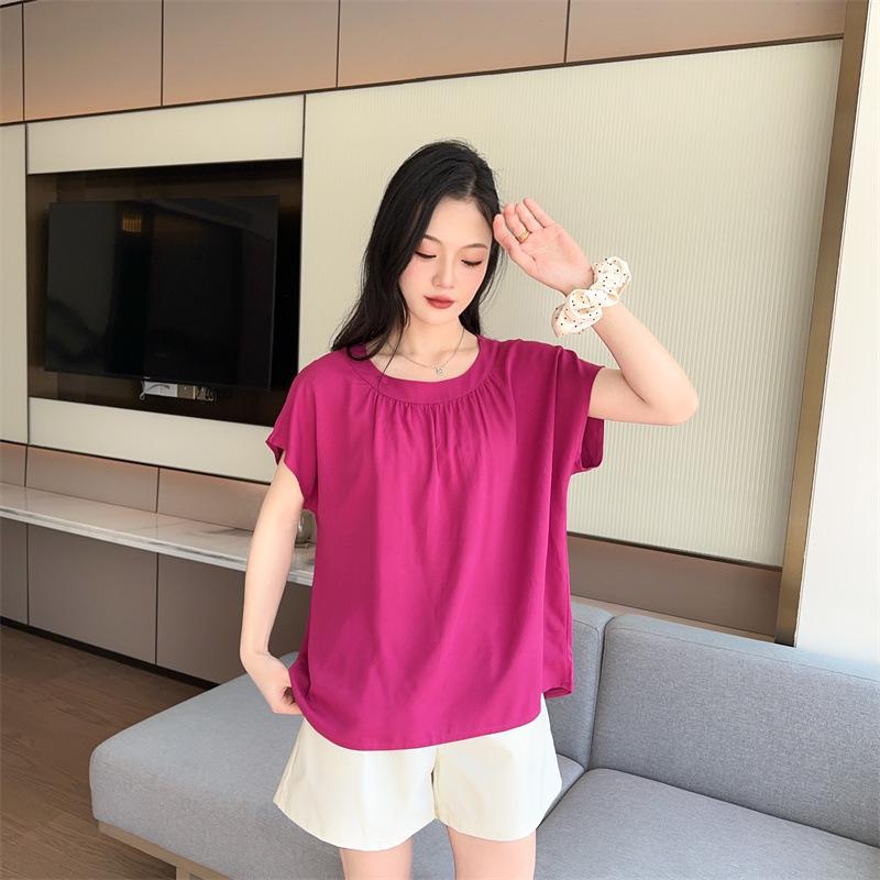 

Женская летняя приталенная блузка с коротким рукавом из хлопка и шелка, свободного кроя, 2025 Extra Large розы красного