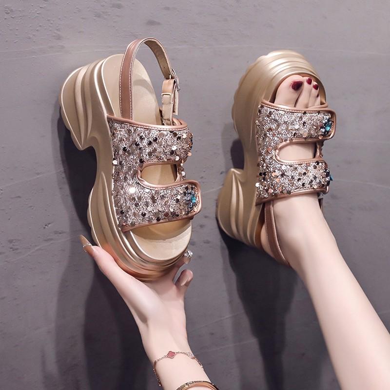 Fashion Silver Sequin Sandals Women's 2025 Summer New Open Toe Heightened Platform Slippers
