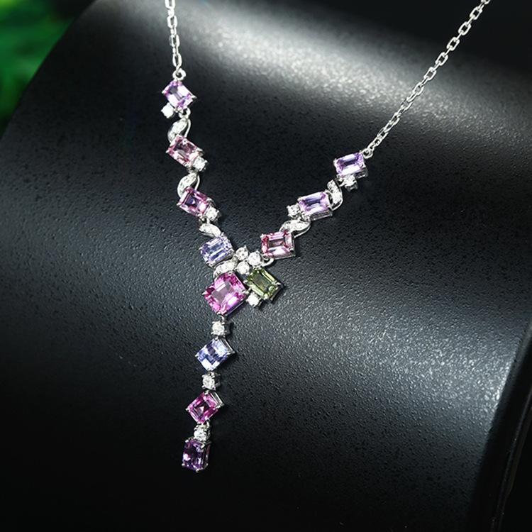 Light Luxury Design Simulation Papalacha Sapphire Colored Treasure Necklace, Lavender Purple Pink Diamond Tourmaline Set Chain For Women