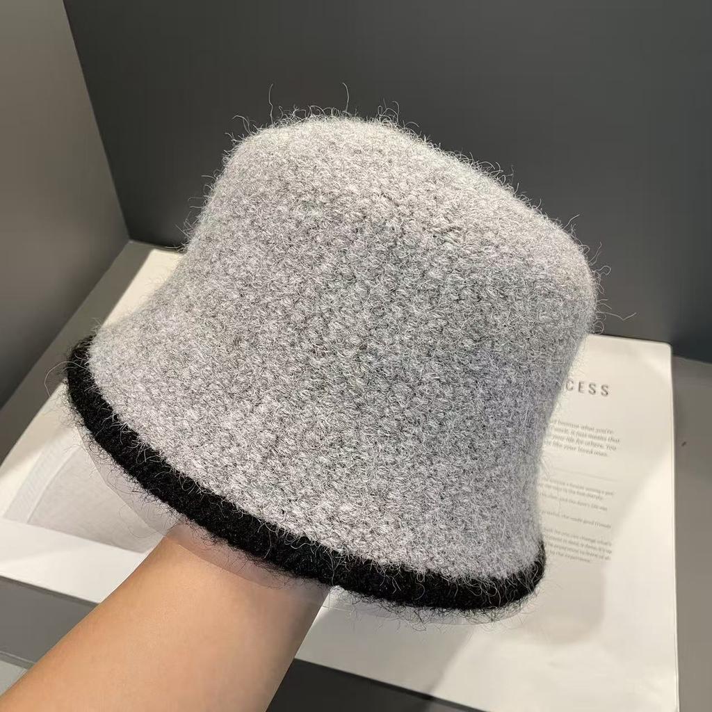 Autumn and Winter Color Blocking and Outlined Woolen Hat for Women Simple and Casual Versatile  Face Covering  Warm and Ear Protecting Bucket Hat