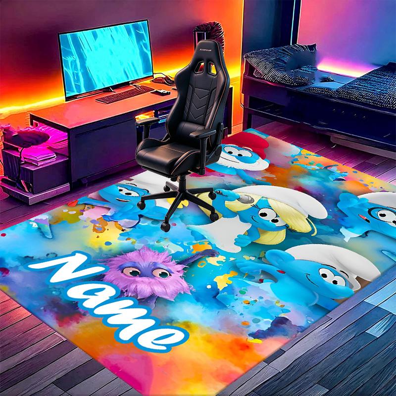 Custom Name Personalized Blue Smurfs Print Carpet, Versatile Home Decor Rug, for Playroom, Apartment, Balcony, Entryway, Hallway Gift