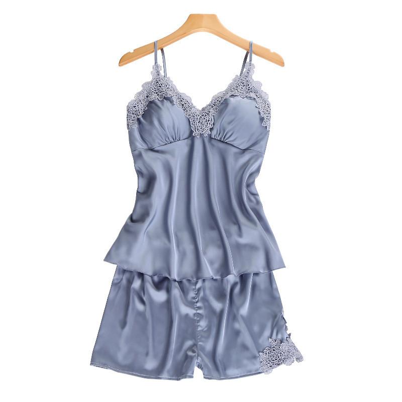 Kadınlar İçin Yazlık Lounge ve Uyku İçin Göğüs Pedli İpek Dantelli Pijama Takımı