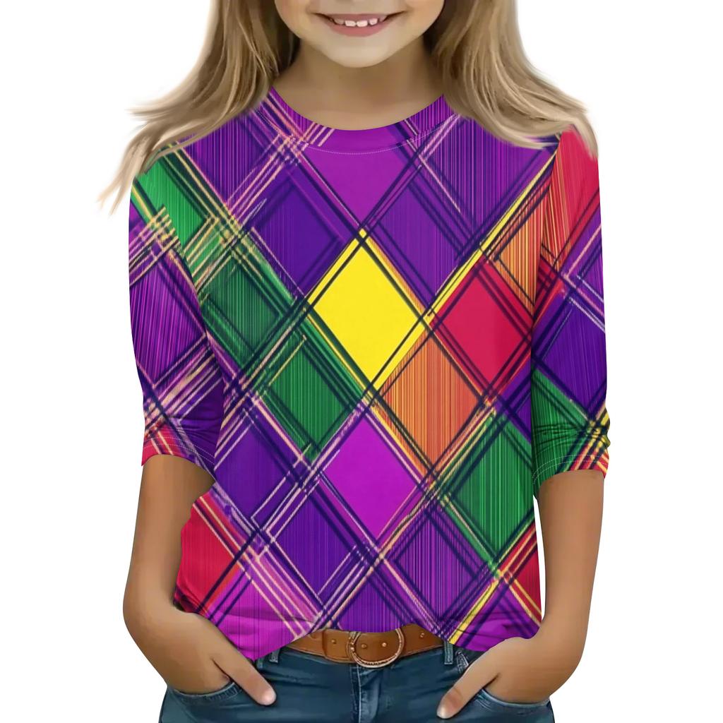 Print Tops For Youth Girls Round Neck 3/4 Sleeves T-Shirts Trendy Tops Outfit Tees