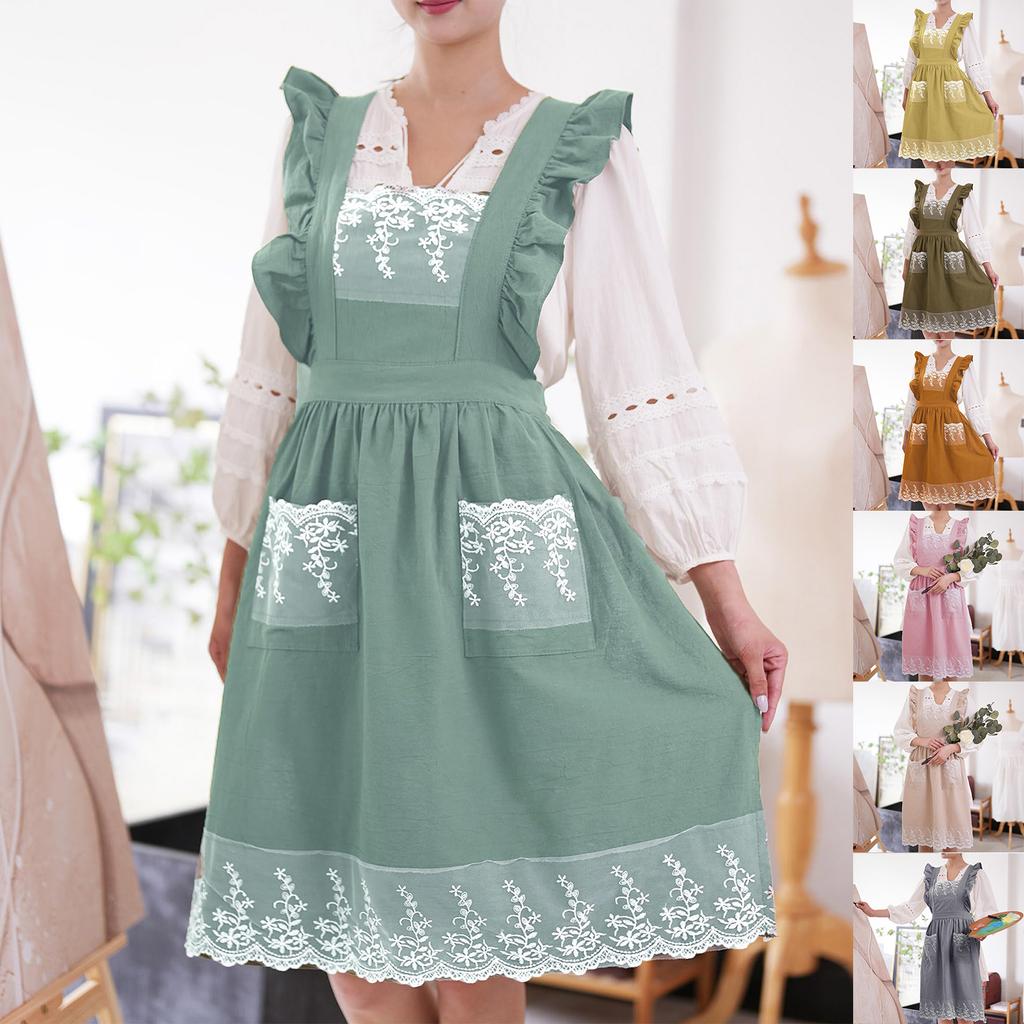 Sleeveless Lace Apron with Floral Embroidery Ruffle Trim Adjustable Waist Tie for Home Gardening Baking and Nail Art Use