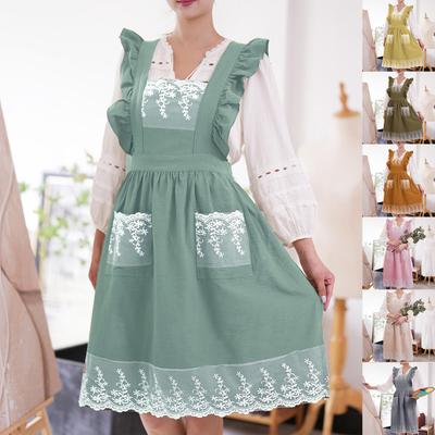 Sleeveless Lace Apron with Floral Embroidery Ruffle Trim Adjustable Waist Tie for Home Gardening Baking and Nail Art Use