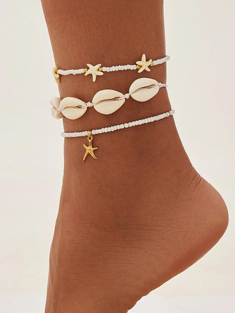

PuRui Богемия CCB Бусины Акрил 3 шт./компл. Регулируемые браслеты на ногу для женщин Этнические Летние Океан Пляж Звезда Ракушка Подвеска Циркон Подарок белый