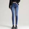Fleece thickened jeans women's winter, women's high waist black small feet tight-fitting extended fleece outer pants