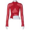 2025 Spring Fashion Mesh Turtleneck Long Sleeve Red Draped Bandage Sexy See Through Crop T-Shirt Top Streetwear Club