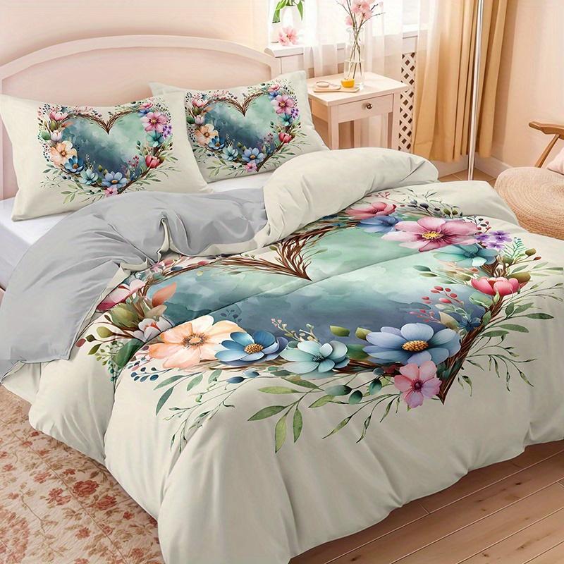 3Pcs Watercolor Floral Heart Bedding Duvet Cover Set Romantic Floral Bedding Quilt Set Bohemian Themed Bed Quilt Set Farmhouse