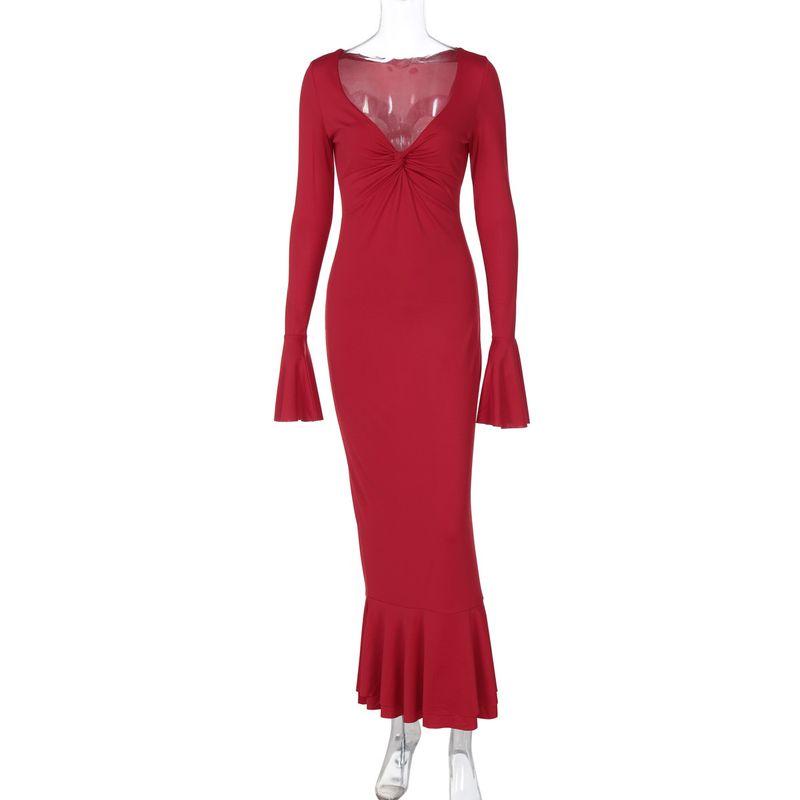 

Twisted Deep V-waist Dress for Women Kinking Deep V Long Sleeve Cinched Pleated Dress Red L