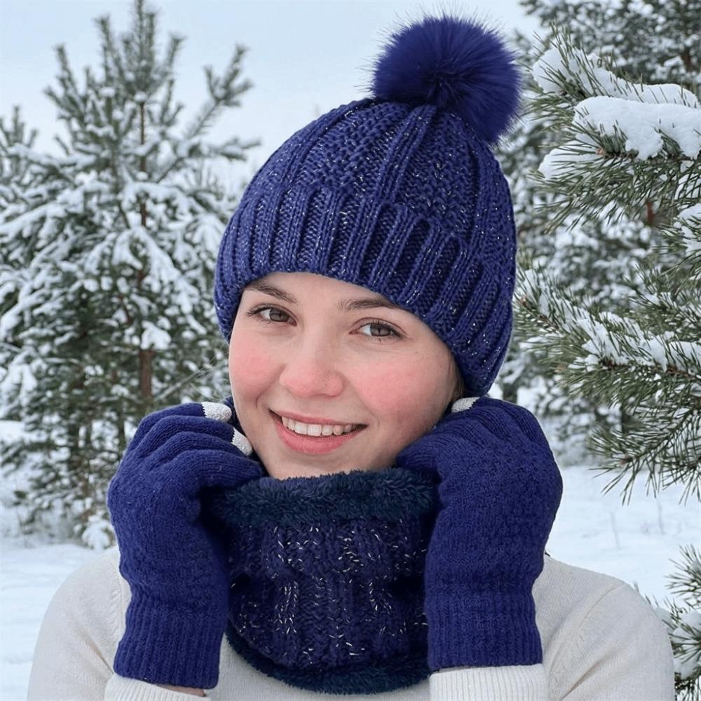 3pcs Thickened Knitted Hat Cute Pompom Beanie Hat Soft Hat Scarf Gloves Set  Daily