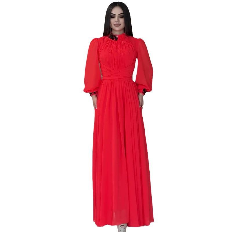 2024 Autumn Women's Solid Color Elegant Slimming Long Dress with Semi-High Neck