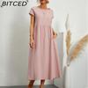 Women's Fashion Summer Spring Solid Color Print O-Neck High Waist Casual Dresses