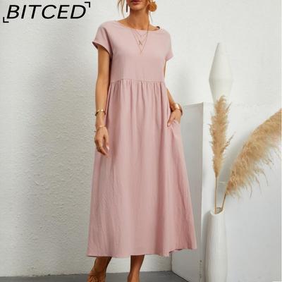 Women's Fashion Summer Spring Solid Color Print O-Neck High Waist Casual Dresses
