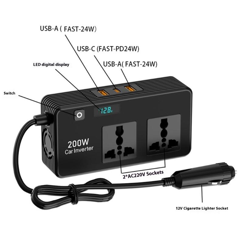 Compact 200W Car Chargers Inverter With Voltage Monitor And Fast Charging USB C Outlet Car Power Inverter for Charging