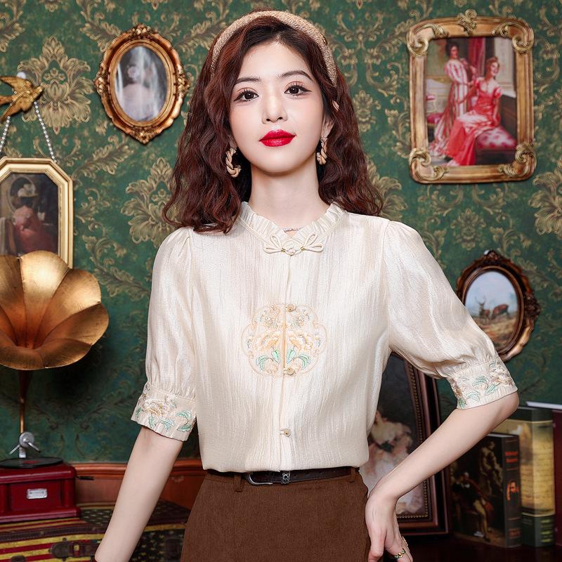 

Рубашка Royal Sister с воротником-стойкой и короткими рукавами: Новые универсальные женские топы в китайском стиле на весну/лето 2025 года. Small абрикосовый