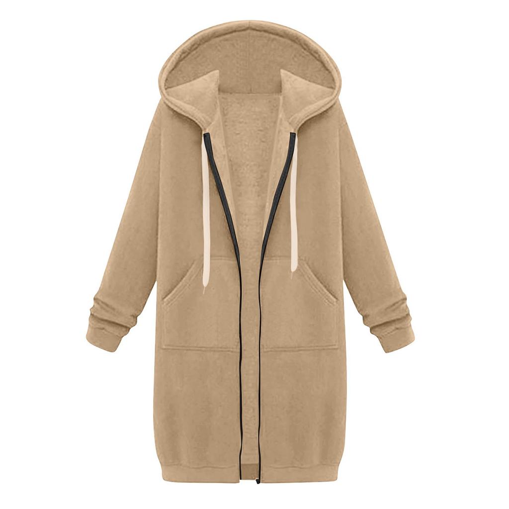 Women's Casual Zip Up Hoodies Long Tunic Sweatshirt Winter Windproof Drawstring Hooded Jacket Outerwear With Pockets