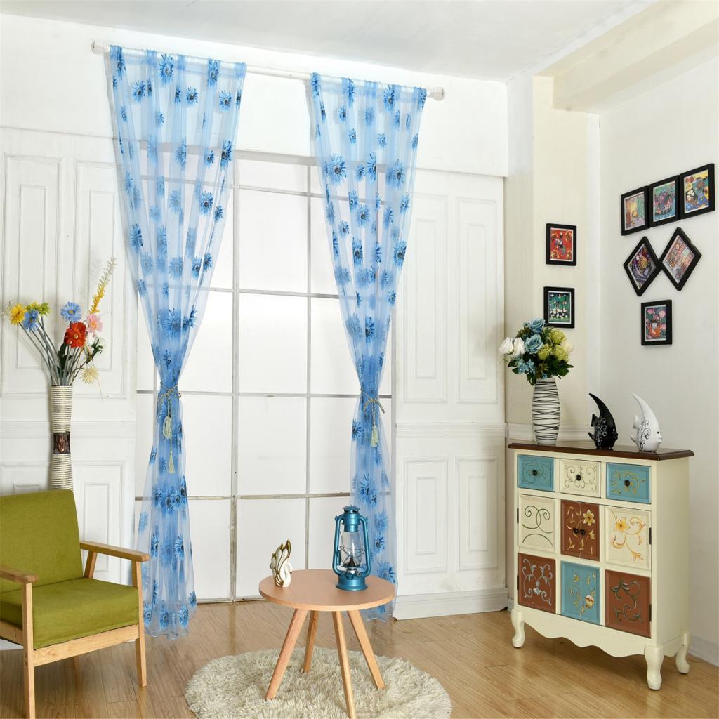Window Hangings Floral Voile Curtain Transparent Sunflower Panel Grommet Window Curtain for Kitchen Cafe Doorway Partition