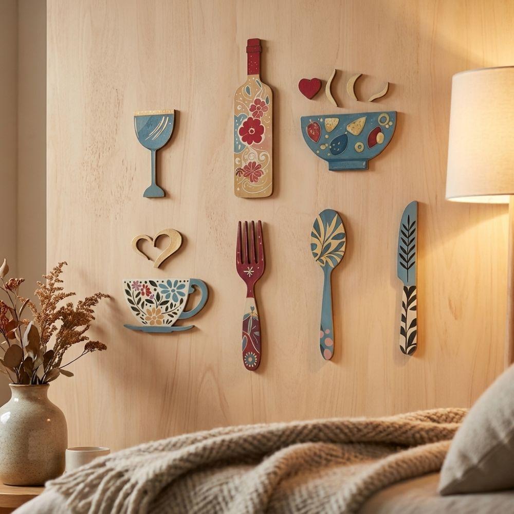 Vintage Wood Floral Kitchen Utensil Pendant Coffee Cup Wine Bottle Creative Hanging Art Bar