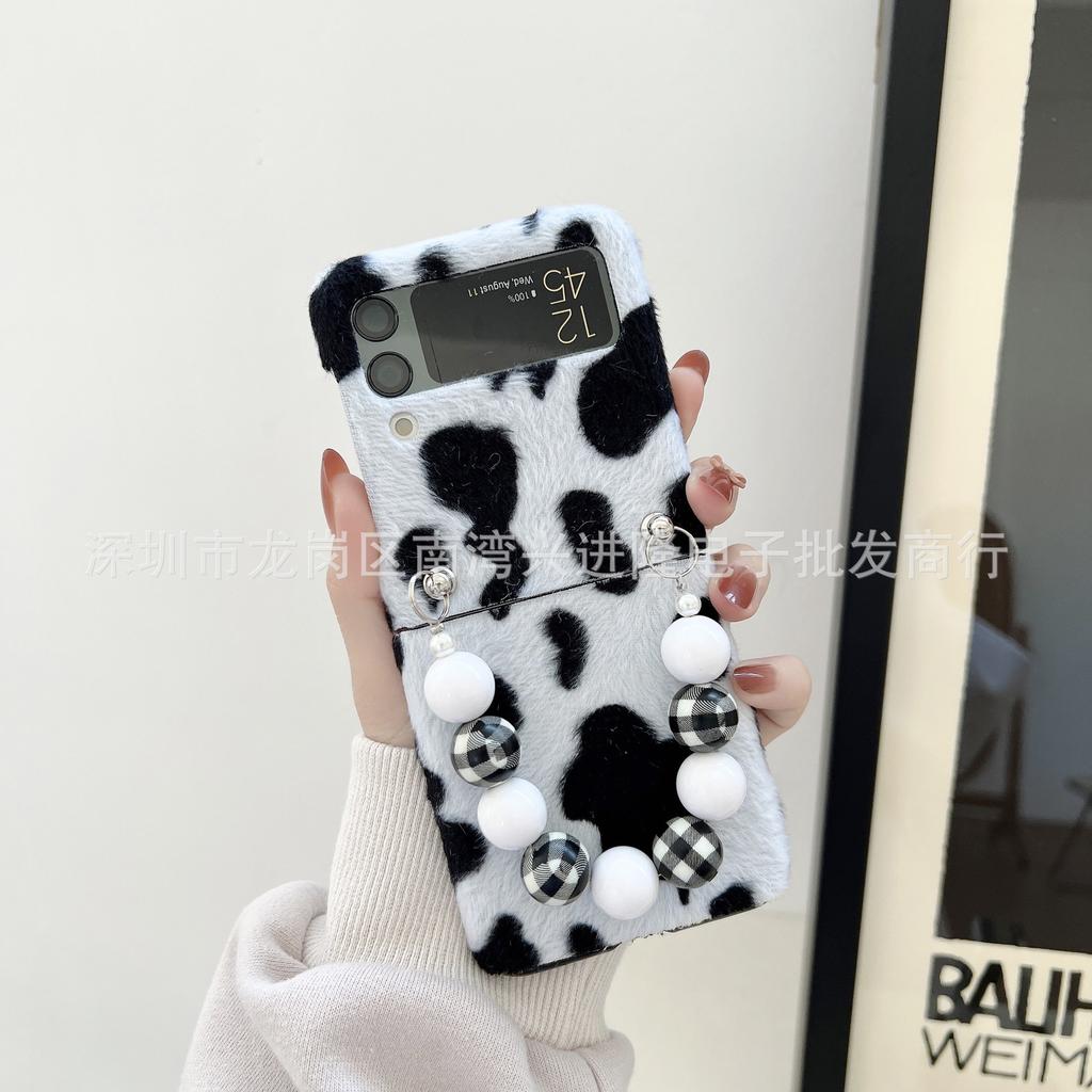 Applicable To Samsung Z Flip4 Plush Mobile Phone Case Zflip3 Bow Pearl Solid Color Protective Case Autumn and Winter Hair Case