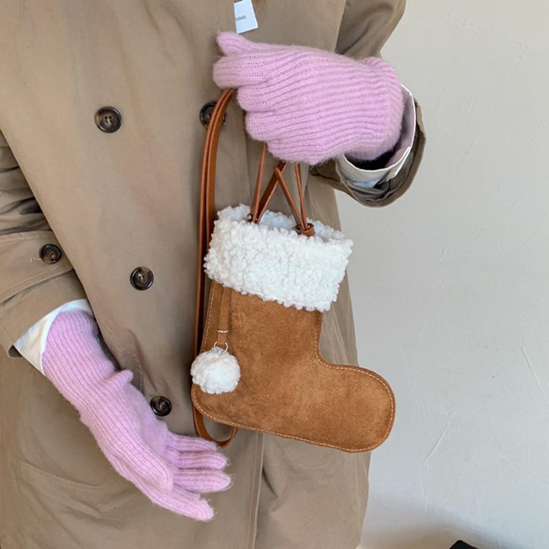 Portable Simple Style Suede Crossbody Bag Fluffy Lightweight Lamb Shoulder Bag Travel Christmas Sock Bag Women