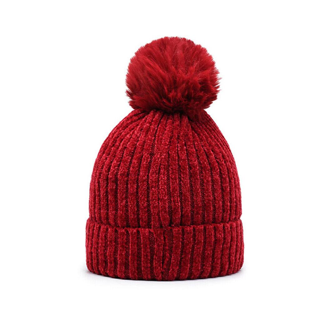 Knitted Bobble Hat Ladies Kids Beanie Warm Winter Pom-Pom Woolly Matching Cap