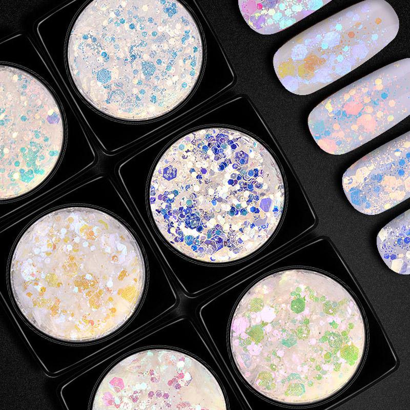 6 Pcs/Set Nail Art Sequins Different Size Glitter Powder Manicure Decoral Tips Polish Nail Stickers Mixed Design Case Set