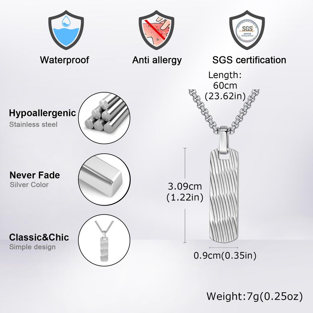 Small Vertical Bar Necklace for Men,Silver Color Cutting Surface Square Pendant Necklace,Hiphop Simple Jewelry