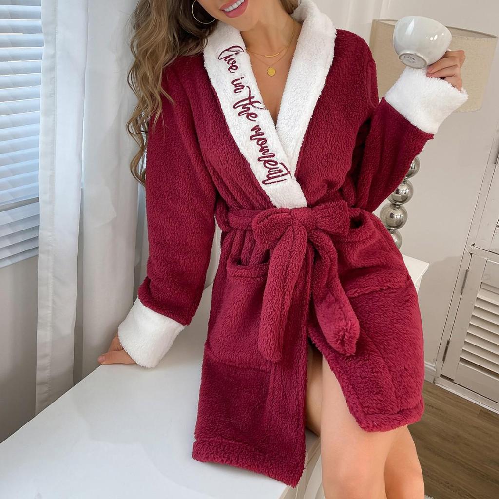 Europäischer & Amerikanischer Samtmantel: Herbst/Winter Mode, Dickes Warmes Nachthemd mit Gürtel - Einfarbiger Bademantel für Damen