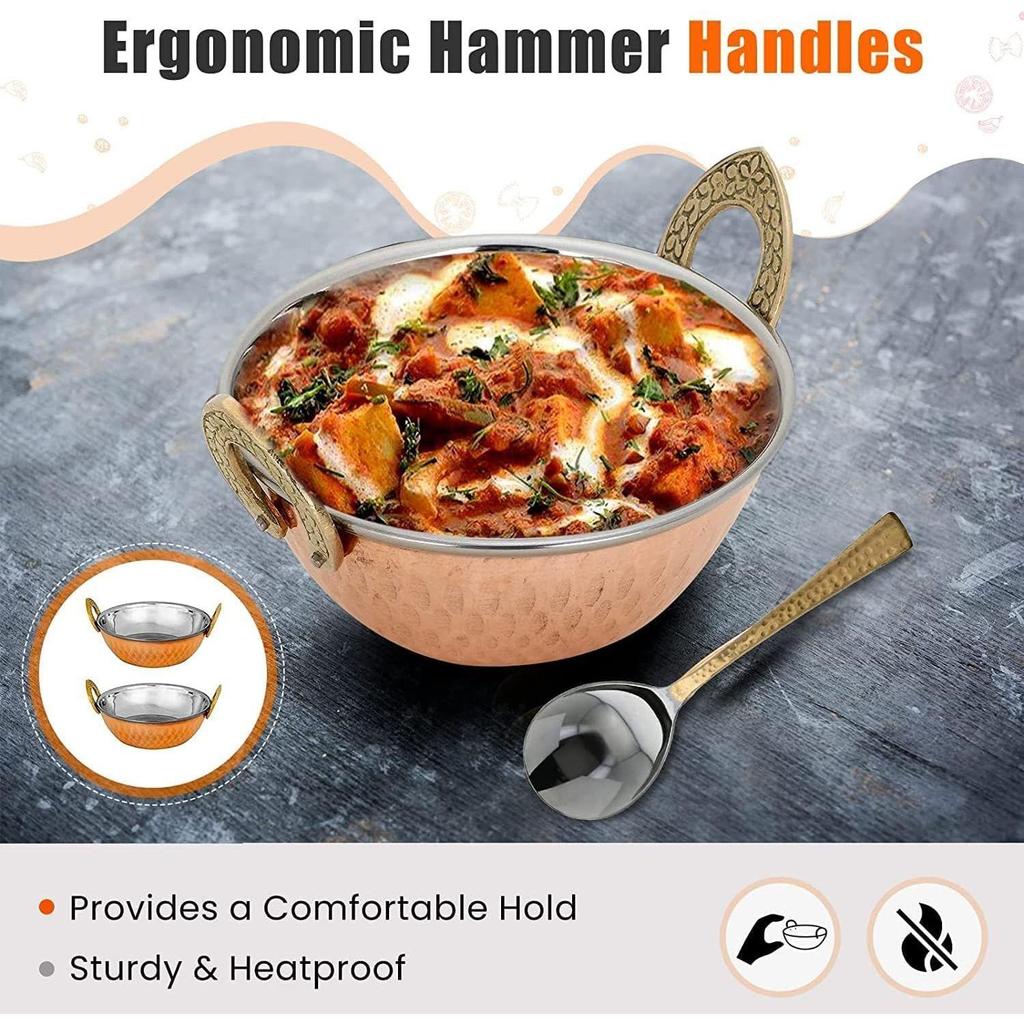 Indian Style Copper Karahi with Brass Handle, 1 Piece Serve Bowl for Cereals, Soups and Curry (13 CM)