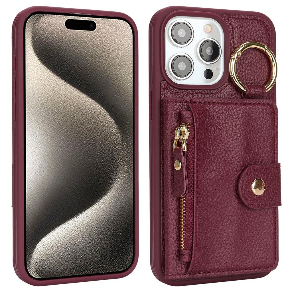 For iPhone 15 Pro Max Case Litchi Textured PU Leather + TPU Kickstand Phone Cover with Card Slot