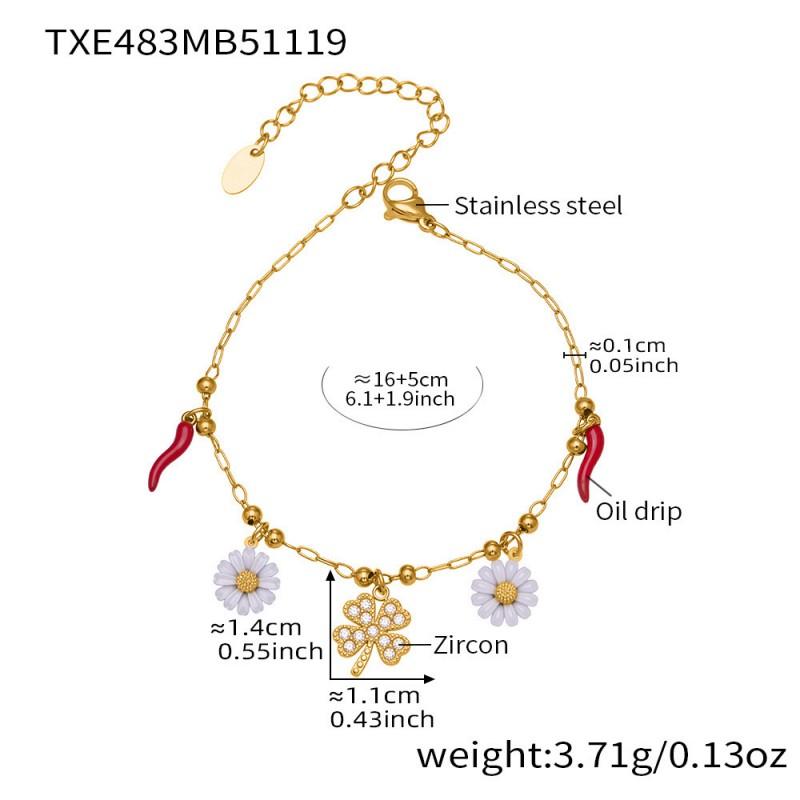Stainless Steel Lucky Clover Daisy Pendant Necklace Bracelet Set Women Gold Mixed Color Fashion Jewelry