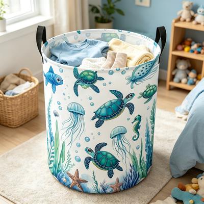 1pc Blue Ocean Jellyfish and Sea Turtle Themed Laundry Basket, Dirty Clothes Hamper with Sturdy Handles, Round Storage Organizer Basket, Suitable for 