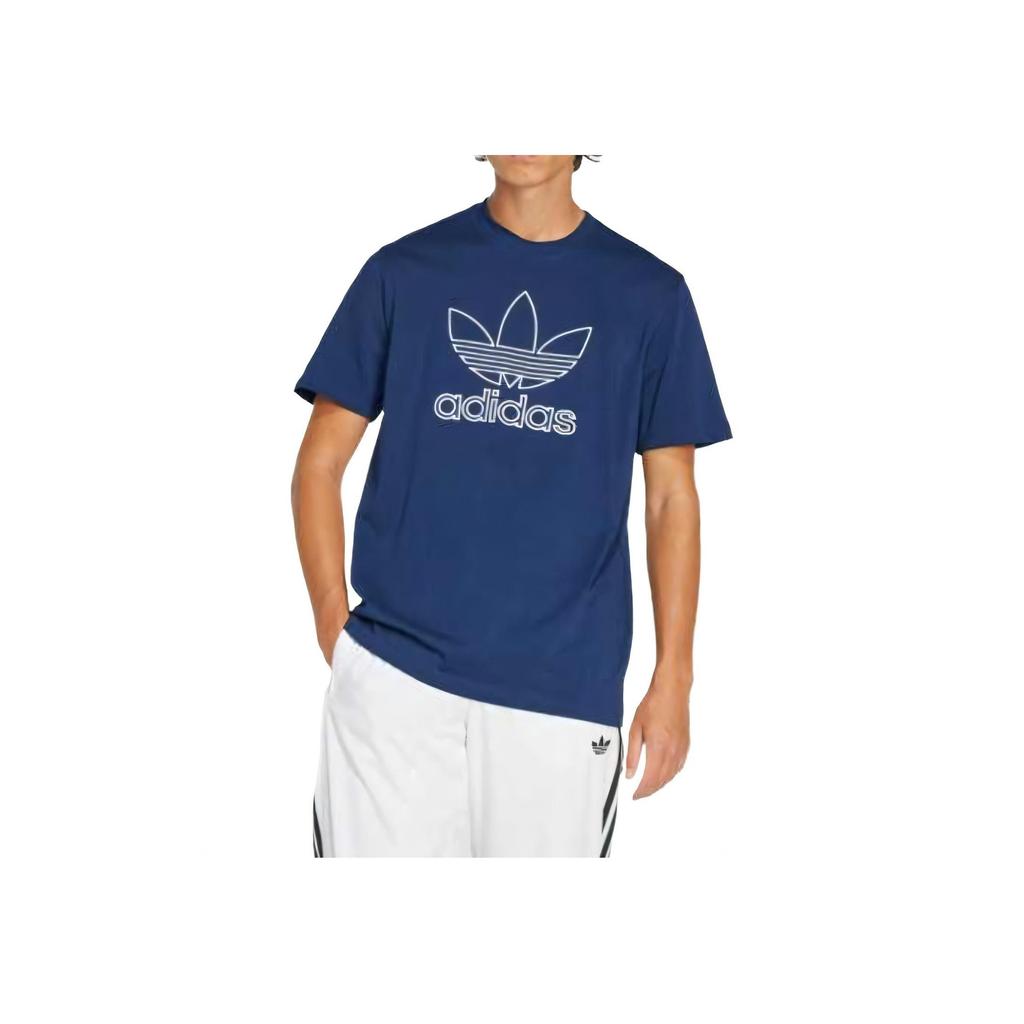 Adidas Originals Adicolor Trefoil Tee Outline Comfortable Skin-Friendly Versatile Crew Neck Short Sleeve T-Shirt Men Tops Deep-Blue JP1089