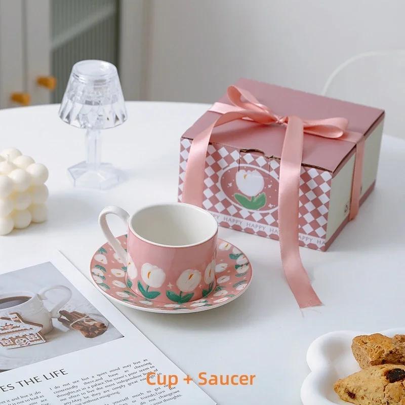 Ceramic Cup and Saucer Tulip Pattern Afternoon Tea Coffee Cup Set Breakfast Dessert Plate Milk Juice Mug Home Decoration Gifts