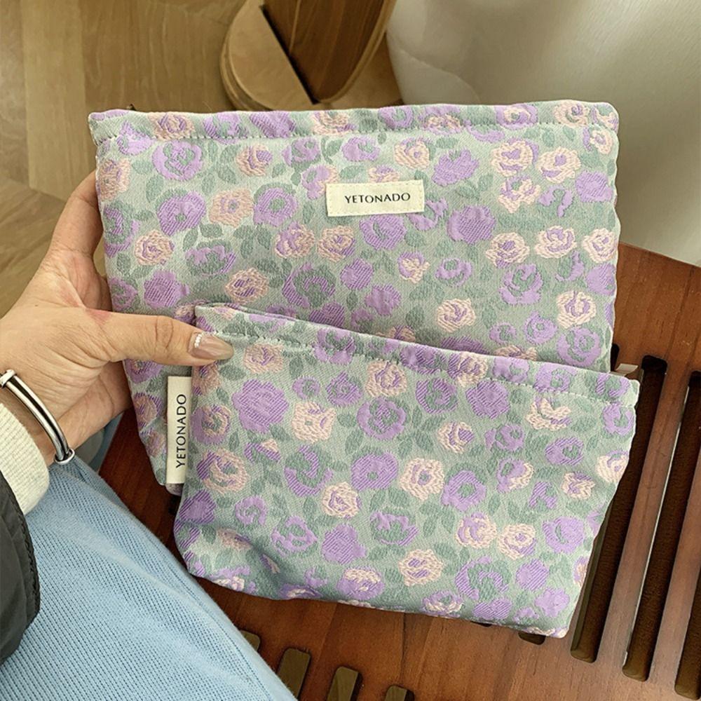 Polyester Canvas Flower Clutch Bag Flower Pattern Zipper Closure Cosmetic Storage Pouch Large Capacity Portable Makeup Bag