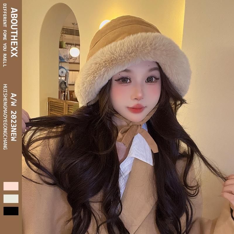 Plush Thickened Furry Mongolian Hat Live Broadcast Same Solid Color Suede Lace Up Ear Protection and Warm Fisherman's Hat