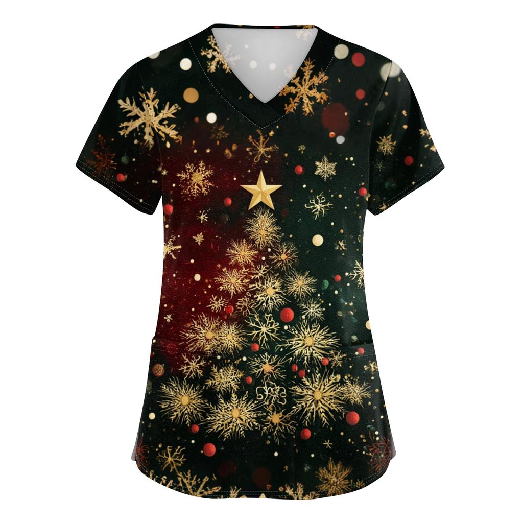 Women's V-neck Christmas printed short-sleeved pocket side-slit protective suit top