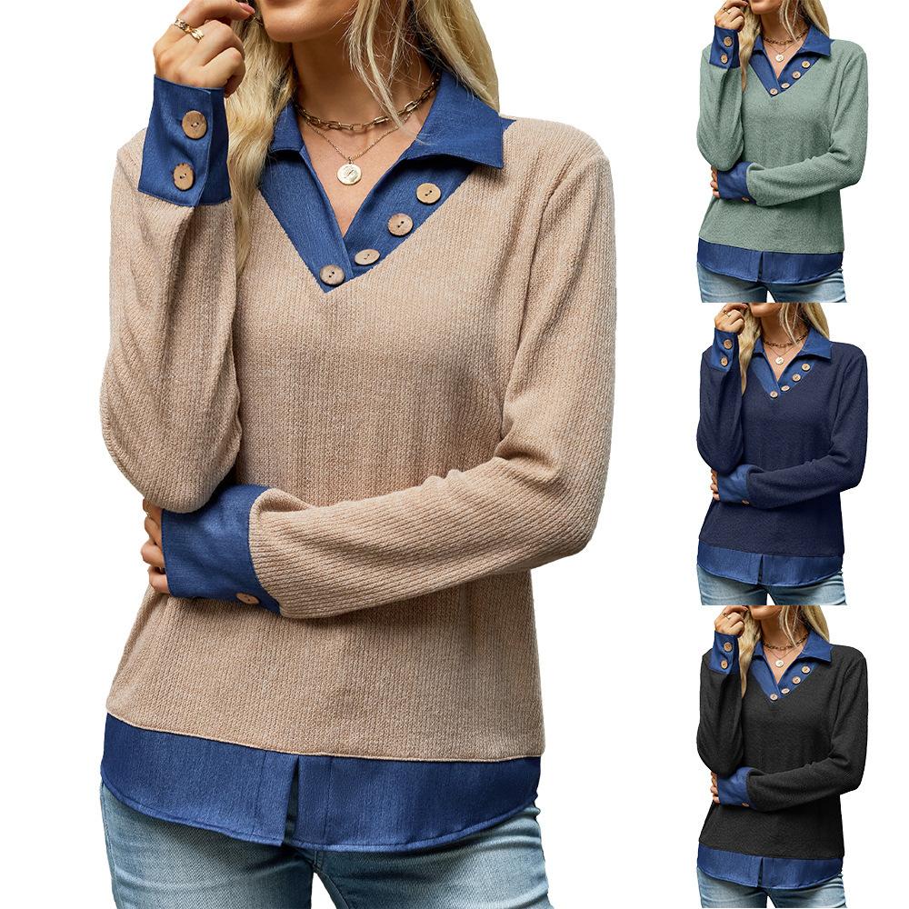 Damen Pullover mit Kontrast-Polokragen Langarm Knopfleiste Lässig Locker Überzieher Top