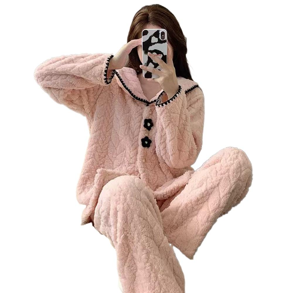 Women's Winter Warm Flannel Pajama Set, Cozy Thickened Fleece Lounge Wear with Flower Buttons, Soft Plaid Home Sleepwear Suit
